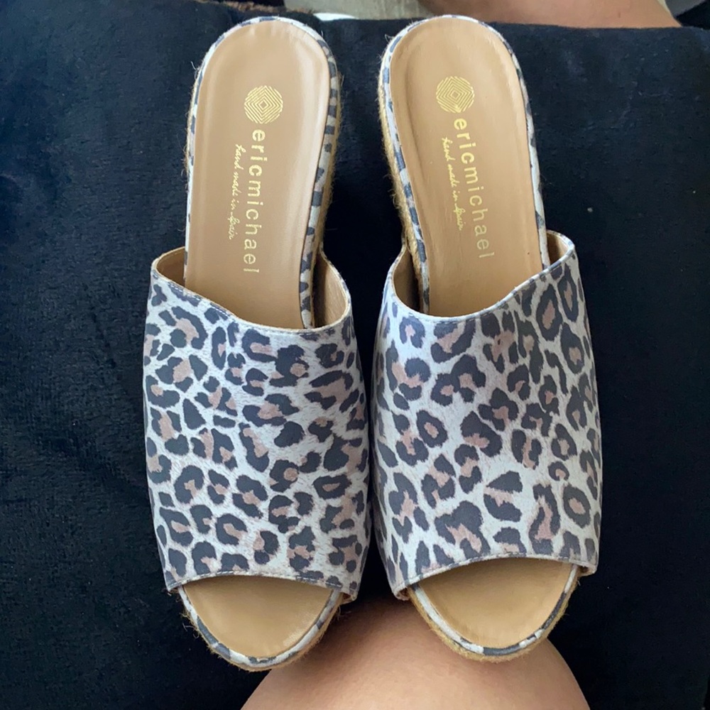Eric Michael Leopard Print Wedge Slides in Tan and Black